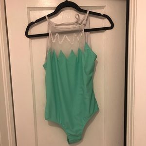 Aqua and white one piece bathing suit- worn once